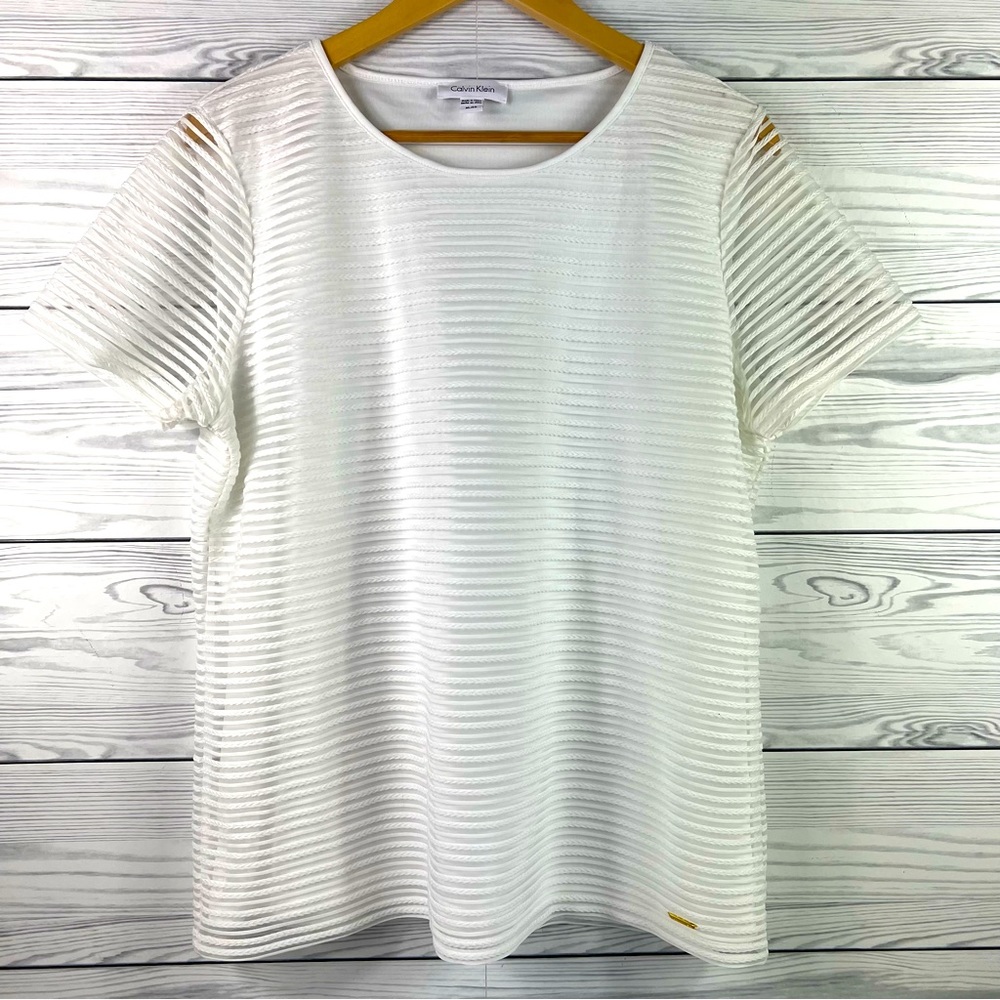 Calvin Klein T-Shirt Womens Extra Large White Short Sleeve Layered Sheer Lined